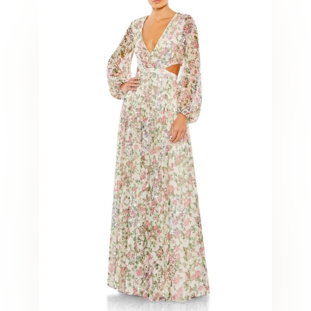 Mac Duggal Floral Maxi Dress with V-Neck